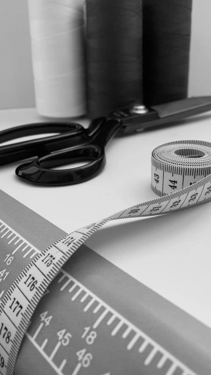 Scissors and tape measure on a cutting table